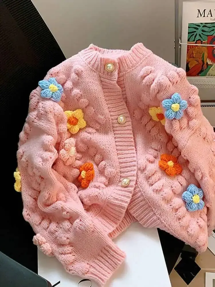 LANMREM 3D Flower Embroidery Knitted Cardigan Women's Long Sleeves Single Braested Contrast Color Sweater 2025 Spring New 2Z2350