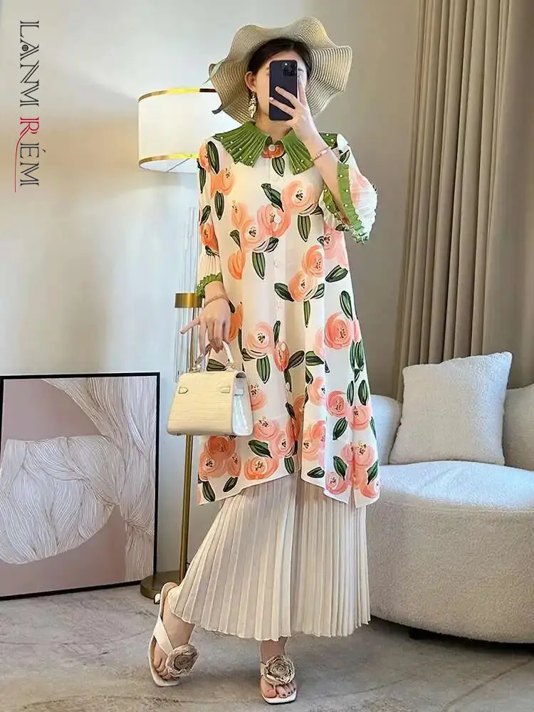 LANMREM Print Elegant Cardigan Pleated Dress Women's Lapel Single Breasted Beaded Mid-length Dresses Fashion 2025 Summer 2DE479