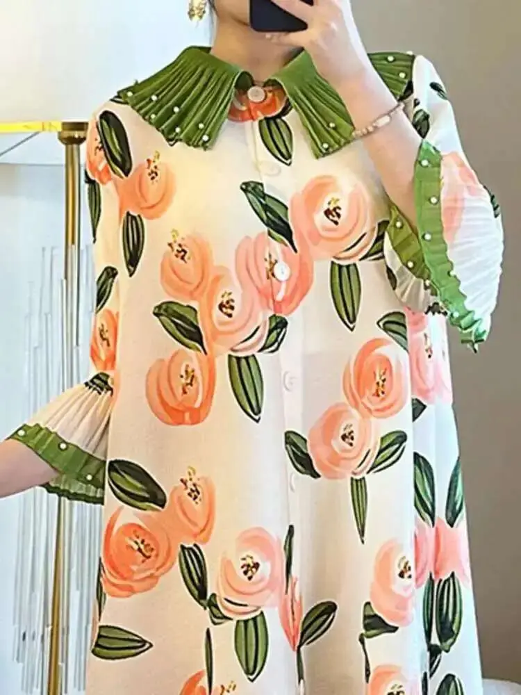 LANMREM Print Elegant Cardigan Pleated Dress Women's Lapel Single Breasted Beaded Mid-length Dresses Fashion 2025 Summer 2DE479