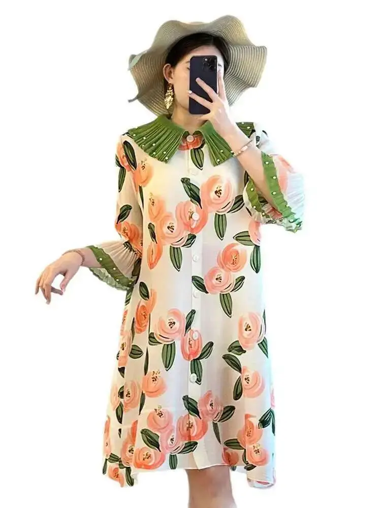 LANMREM Print Elegant Cardigan Pleated Dress Women's Lapel Single Breasted Beaded Mid-length Dresses Fashion 2025 Summer 2DE479