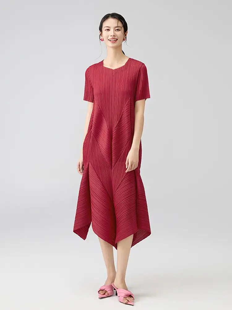 LANMREM Irregular Patchwork Pleated Dress Women's 2025 New Round Collar Short Sleeve Loose Casual Summer Bubble Dresses 2DB2836