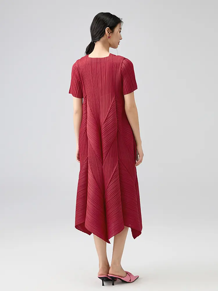 LANMREM Irregular Patchwork Pleated Dress Women's 2025 New Round Collar Short Sleeve Loose Casual Summer Bubble Dresses 2DB2836