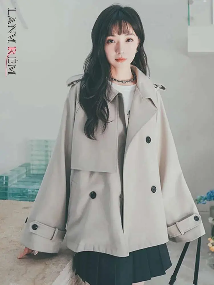 LANMREM Women's Solid Color Trench Fashion Lapel Patchwork Double Breasted Windbreaker 2025 Spring New Streetwear 2AA2434