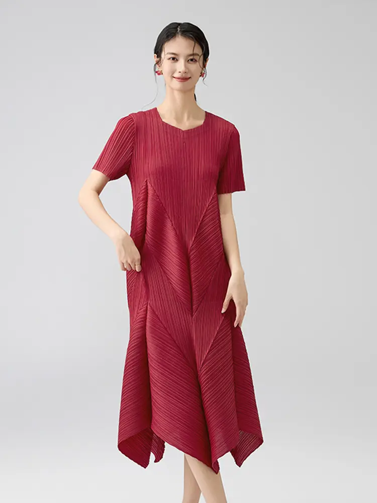 LANMREM Irregular Patchwork Pleated Dress Women's 2025 New Round Collar Short Sleeve Loose Casual Summer Bubble Dresses 2DB2836