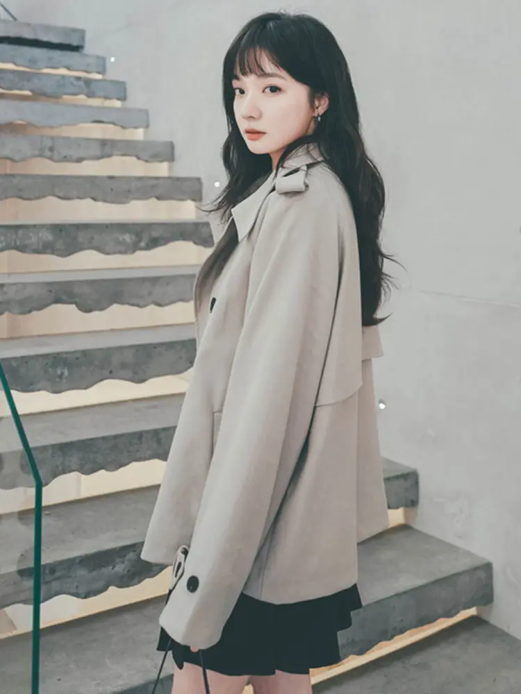 LANMREM Women's Solid Color Trench Fashion Lapel Patchwork Double Breasted Windbreaker 2025 Spring New Streetwear 2AA2434