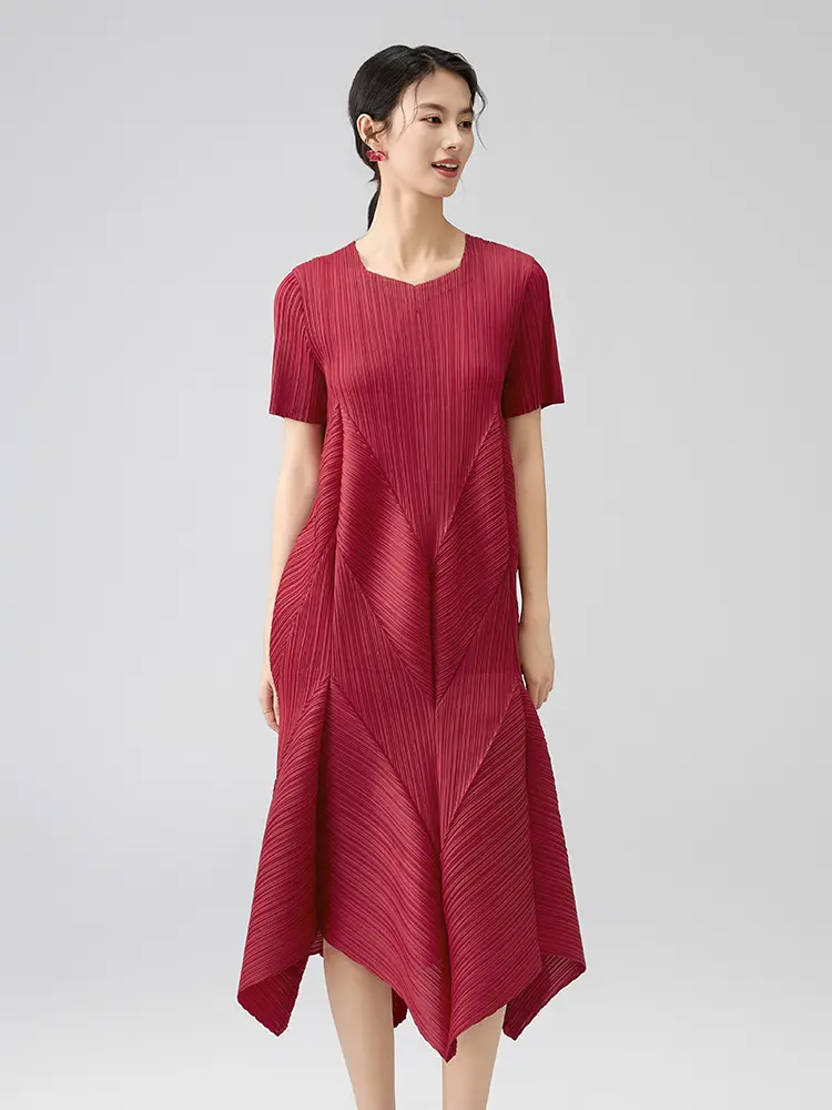 LANMREM Irregular Patchwork Pleated Dress Women's 2025 New Round Collar Short Sleeve Loose Casual Summer Bubble Dresses 2DB2836