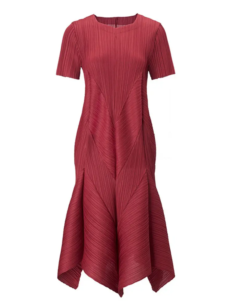 LANMREM Irregular Patchwork Pleated Dress Women's 2025 New Round Collar Short Sleeve Loose Casual Summer Bubble Dresses 2DB2836