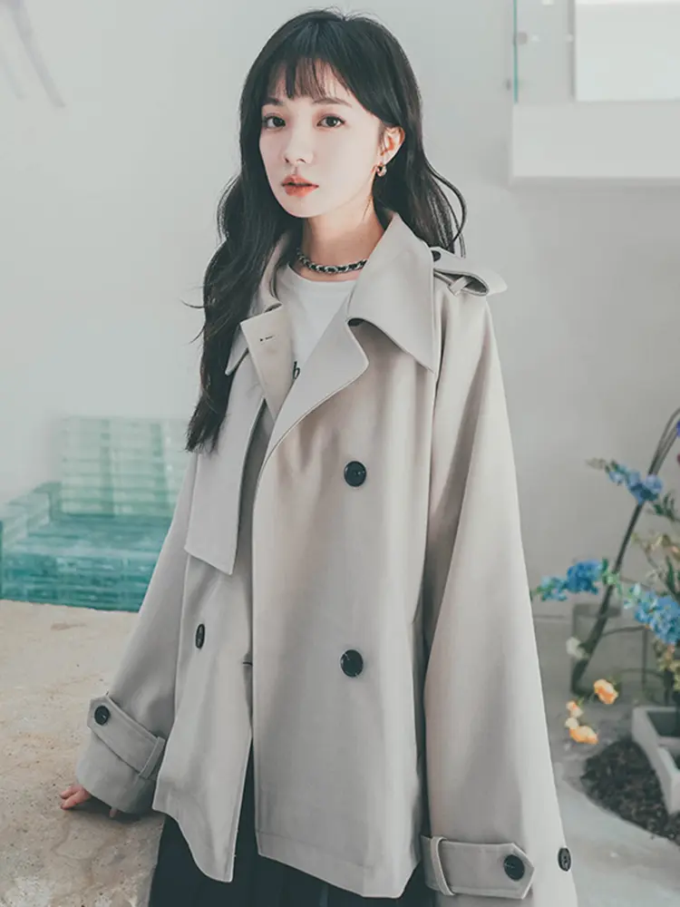 LANMREM Women's Solid Color Trench Fashion Lapel Patchwork Double Breasted Windbreaker 2025 Spring New Streetwear 2AA2434