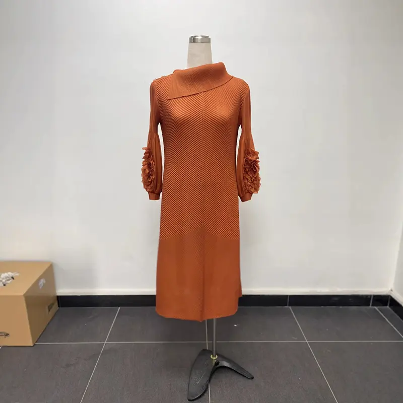 LANMREM New Button Scarf Collar Design Women's Dress Fashion Pleated Elegant Ruffle Puff Sleeve Elastic Pleated Dresses 2DB3788