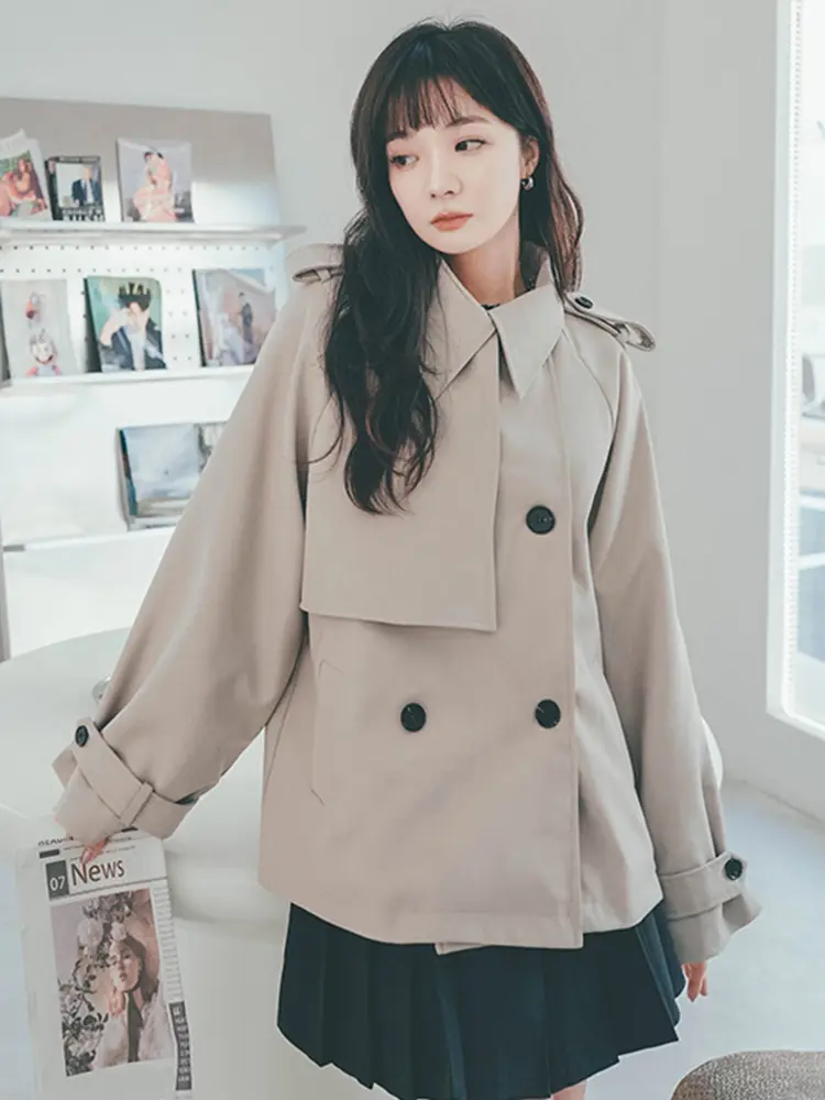 LANMREM Women's Solid Color Trench Fashion Lapel Patchwork Double Breasted Windbreaker 2025 Spring New Streetwear 2AA2434