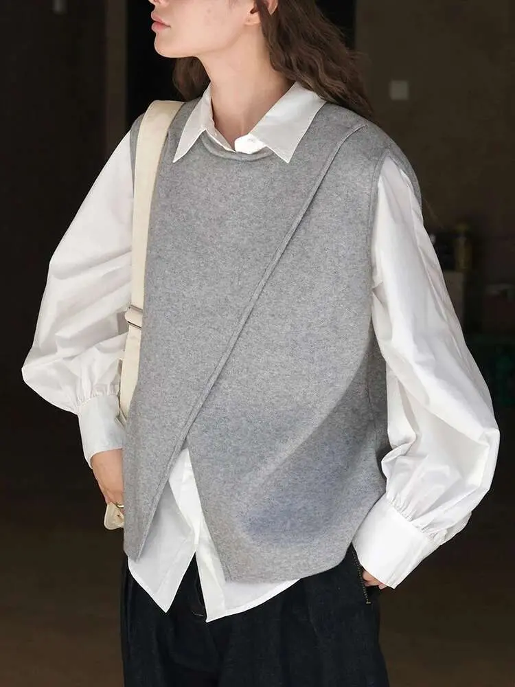 LANMREM Irregular Split Vest For Women Round Neck Sleeveless Office Lady Tops Fashion Female Tanks 2025 Spring New 26D9981