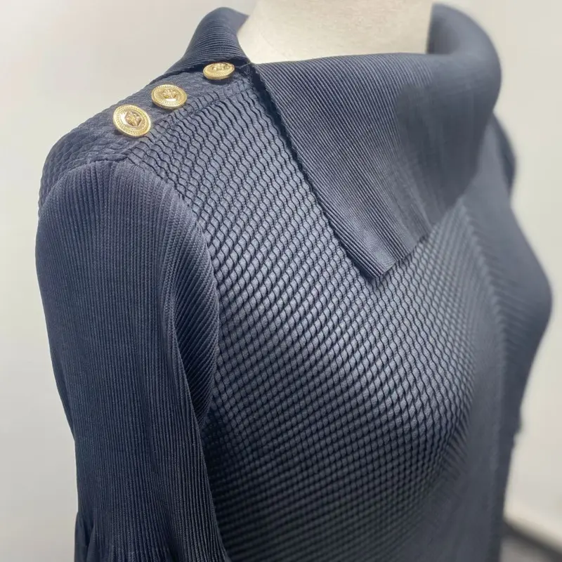 LANMREM New Button Scarf Collar Design Women's Dress Fashion Pleated Elegant Ruffle Puff Sleeve Elastic Pleated Dresses 2DB3788