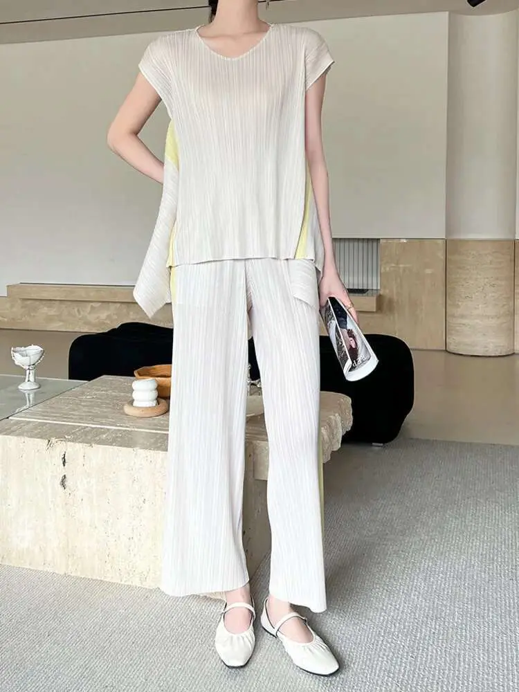 LANMREM Patchwork Color Pleated Sets Women 2025 New O-Neck Short Sleeve Loose Tops Elastic Waist Trousers Two-piece Set 2DE678