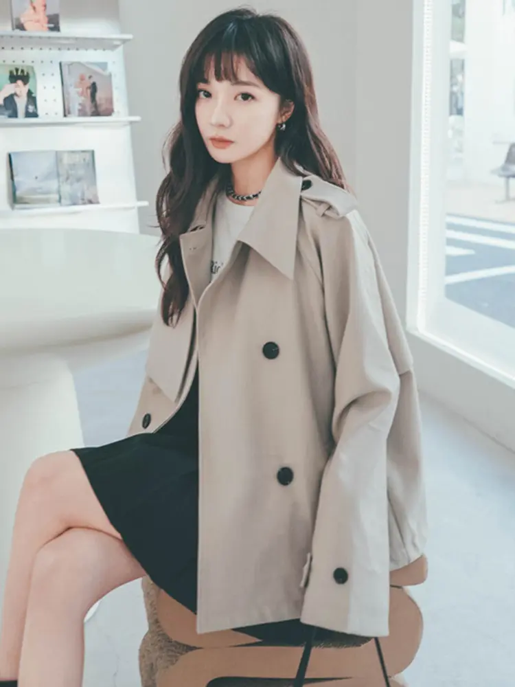 LANMREM Women's Solid Color Trench Fashion Lapel Patchwork Double Breasted Windbreaker 2025 Spring New Streetwear 2AA2434