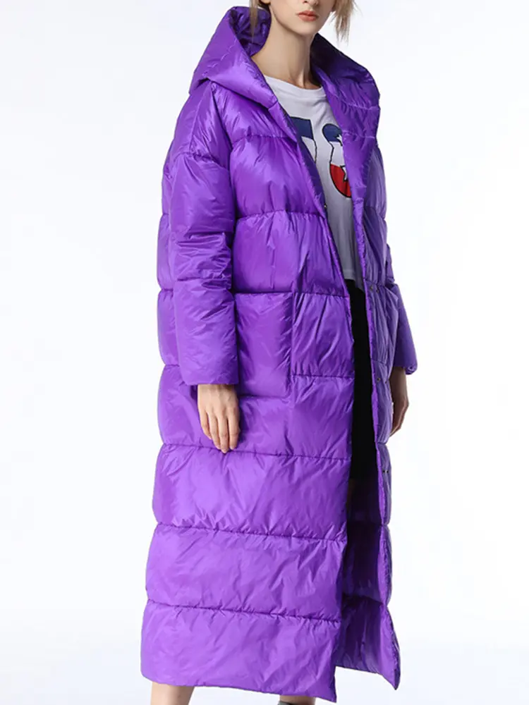 LANMREM Hooded Warm Winter Down Coat Women Fashion Solid Color Loose Single Breasted Mid Length Clothing 2024 New 2VV227
