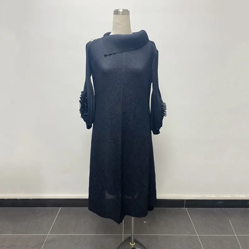 LANMREM New Button Scarf Collar Design Women's Dress Fashion Pleated Elegant Ruffle Puff Sleeve Elastic Pleated Dresses 2DB3788