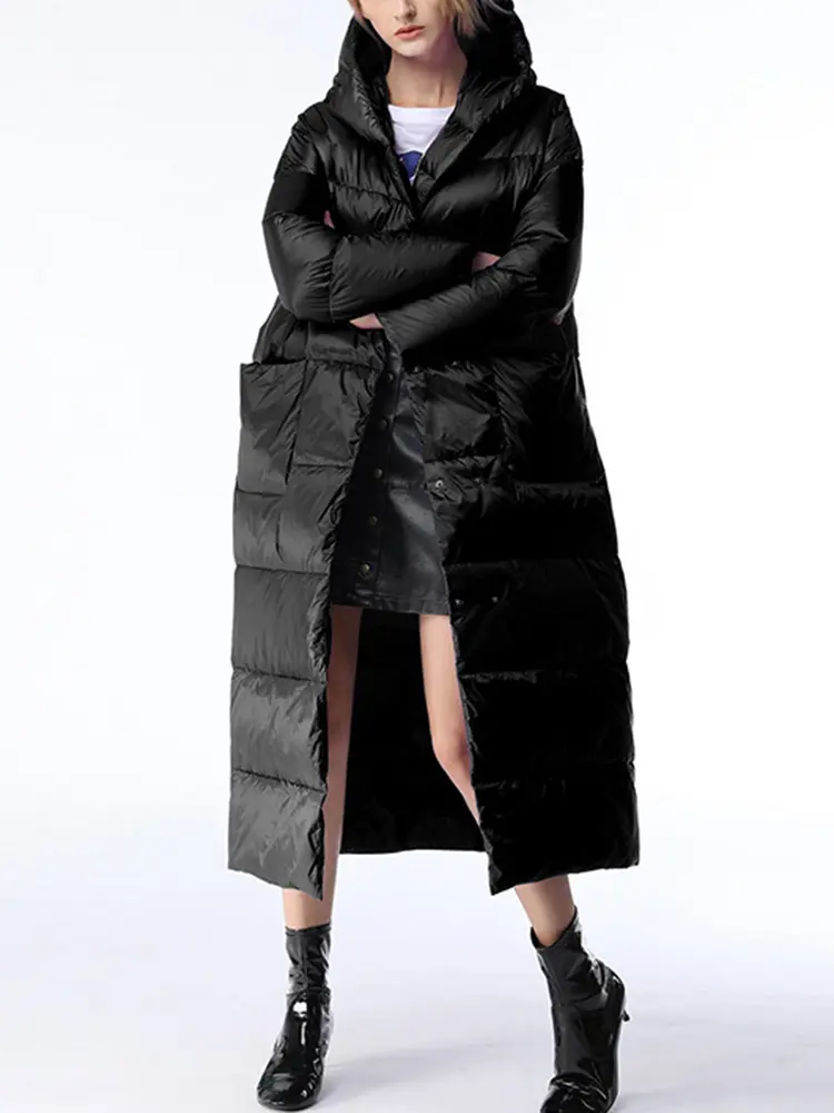 LANMREM Hooded Warm Winter Down Coat Women Fashion Solid Color Loose Single Breasted Mid Length Clothing 2024 New 2VV227