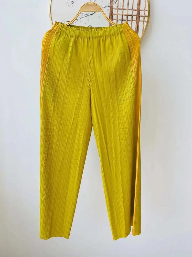 LANMREM Patchwork Color Pleated Sets Women 2025 New O-Neck Short Sleeve Loose Tops Elastic Waist Trousers Two-piece Set 2DE678
