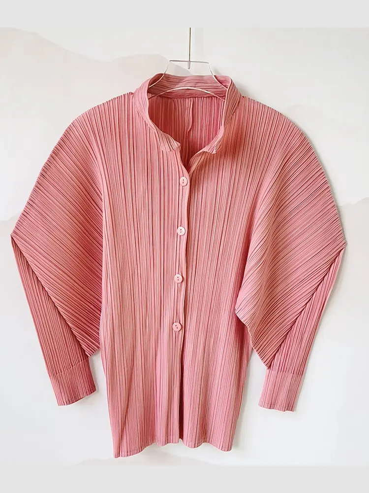 LANMREM Single Breasted Pleated Shirts Women Stand Collar Long Sleeves Thin Fabric Female Chic Top Clothing 2025 New 2DB3028