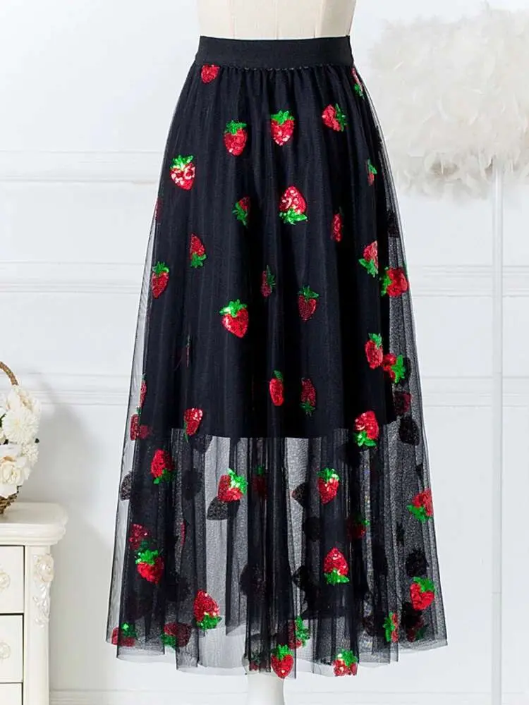 LANMREM Sweet Strawberry Sequin Gauze Skirts Women Fashion 2025 New High Waist Solid Color Temperament Mid-lenght Skirt 2DE717