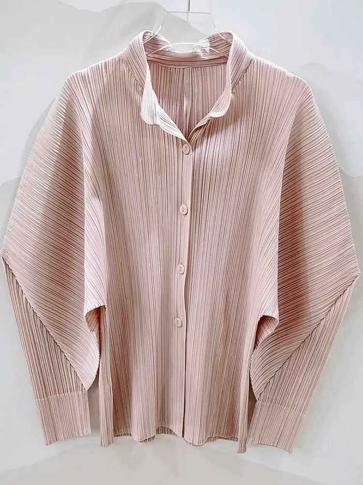 LANMREM Single Breasted Pleated Shirts Women Stand Collar Long Sleeves Thin Fabric Female Chic Top Clothing 2025 New 2DB3028
