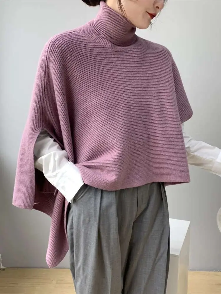 LANMREM Elegant Knited Irregular Shawl Women's 2025 Spring Winter New Turtleneck  Solid Color Cloak Sweater Female 2Z3137