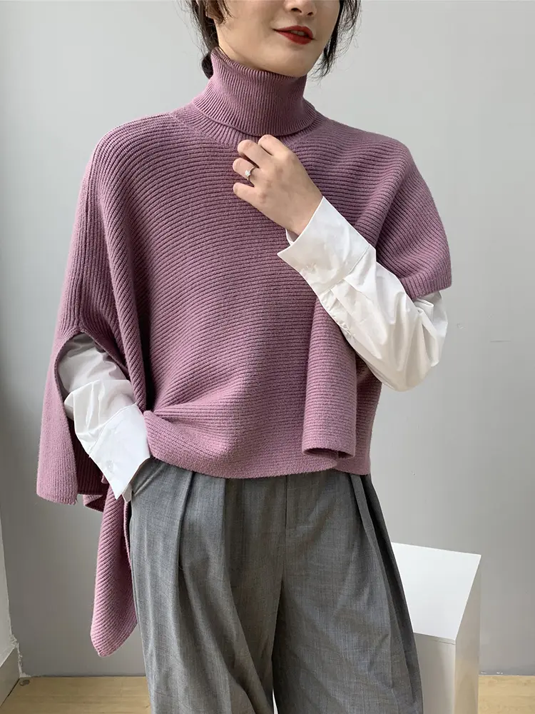 LANMREM Elegant Knited Irregular Shawl Women's 2025 Spring Winter New Turtleneck  Solid Color Cloak Sweater Female 2Z3137