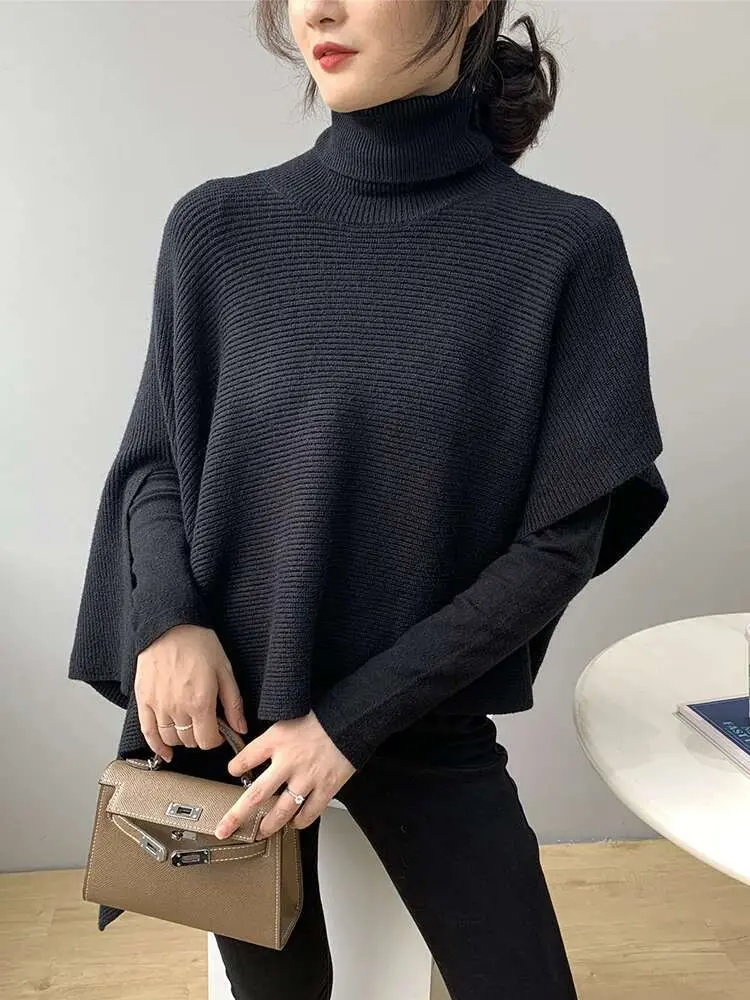 LANMREM Elegant Knited Irregular Shawl Women's 2025 Spring Winter New Turtleneck  Solid Color Cloak Sweater Female 2Z3137