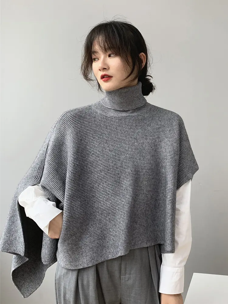LANMREM Elegant Knited Irregular Shawl Women's 2025 Spring Winter New Turtleneck  Solid Color Cloak Sweater Female 2Z3137