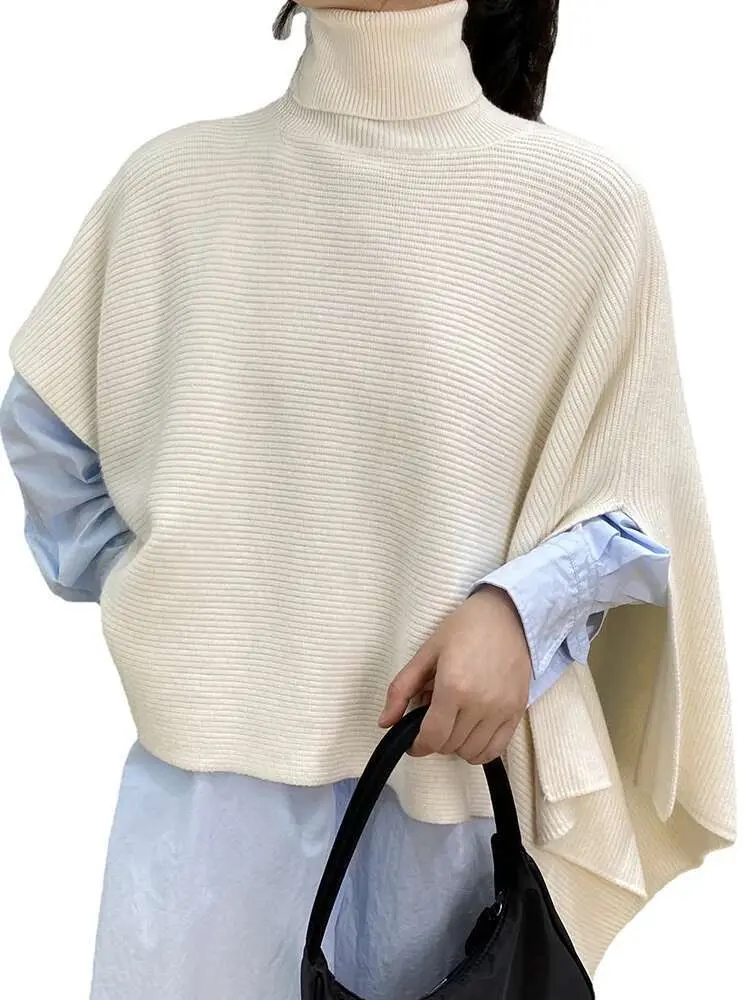 LANMREM Elegant Knited Irregular Shawl Women's 2025 Spring Winter New Turtleneck  Solid Color Cloak Sweater Female 2Z3137