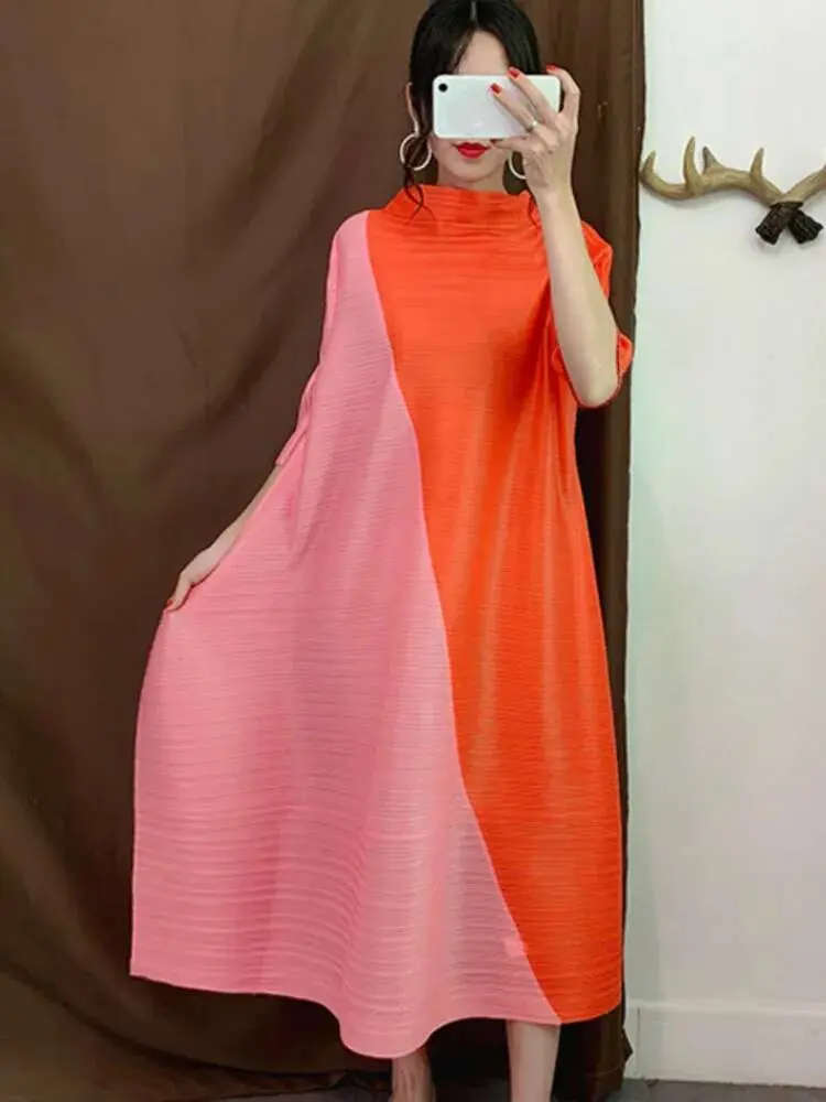 LANMREM Color Block Pleated Dress For Women Stand Neck Irregular Patchwork Fashion Loose Dresses Ladies Party Clothing TD059