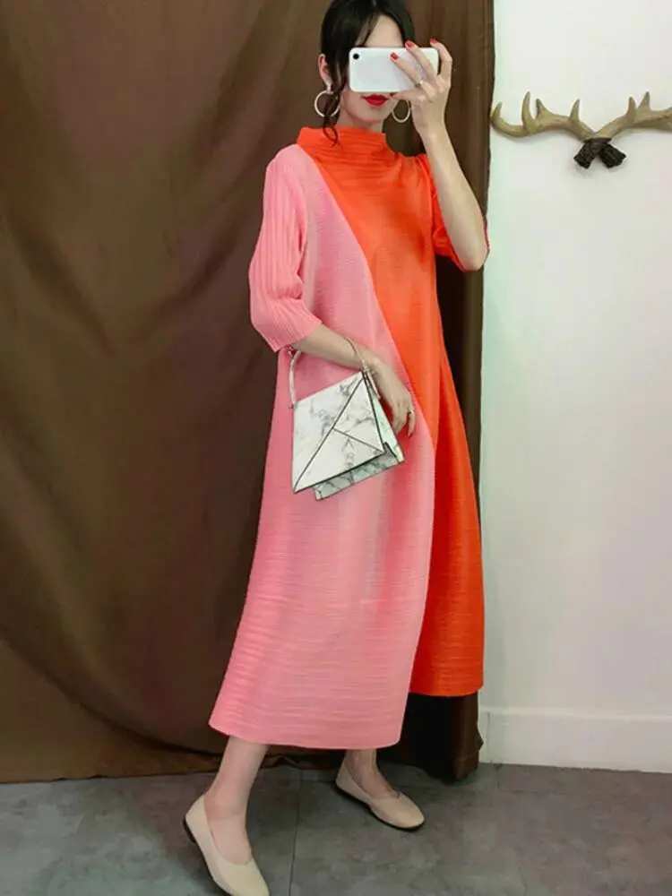 LANMREM Color Block Pleated Dress For Women Stand Neck Irregular Patchwork Fashion Loose Dresses Ladies Party Clothing TD059