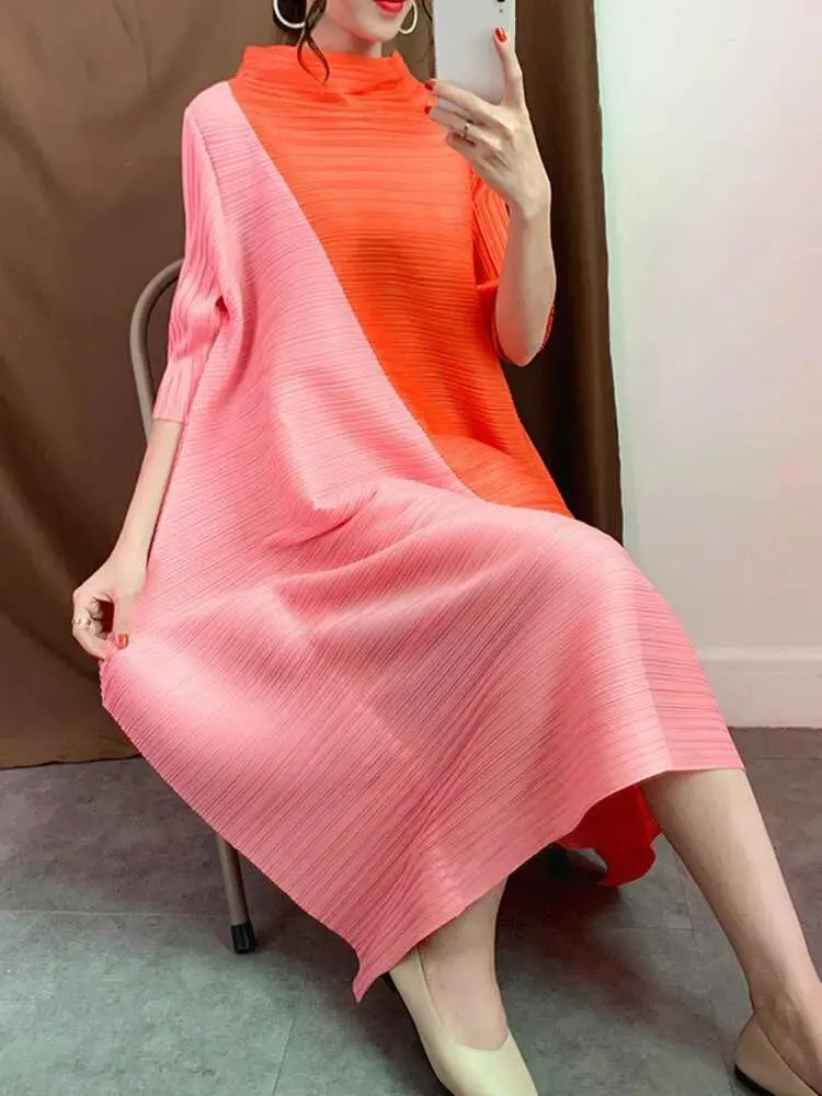 LANMREM Color Block Pleated Dress For Women Stand Neck Irregular Patchwork Fashion Loose Dresses Ladies Party Clothing TD059