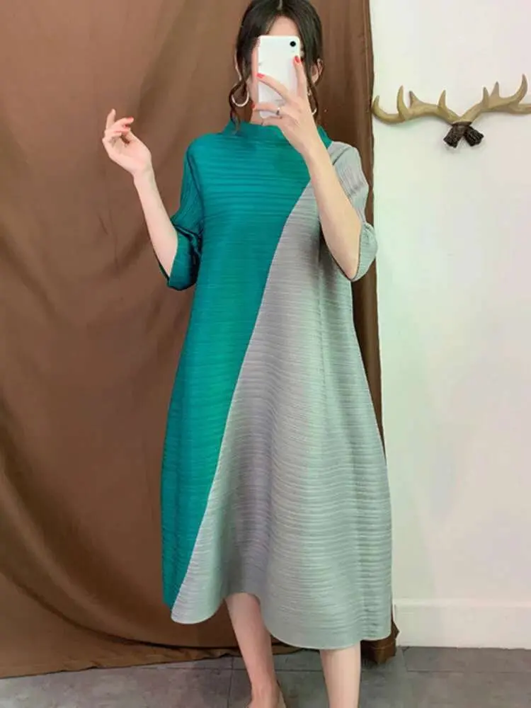 LANMREM Color Block Pleated Dress For Women Stand Neck Irregular Patchwork Fashion Loose Dresses Ladies Party Clothing TD059