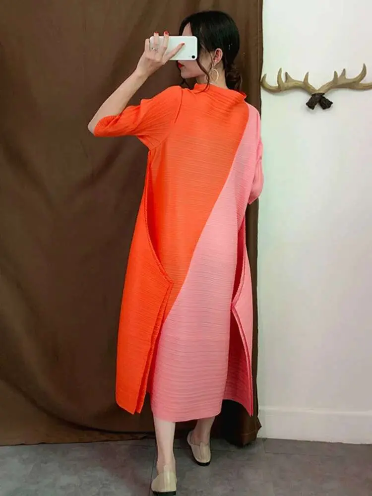 LANMREM Color Block Pleated Dress For Women Stand Neck Irregular Patchwork Fashion Loose Dresses Ladies Party Clothing TD059