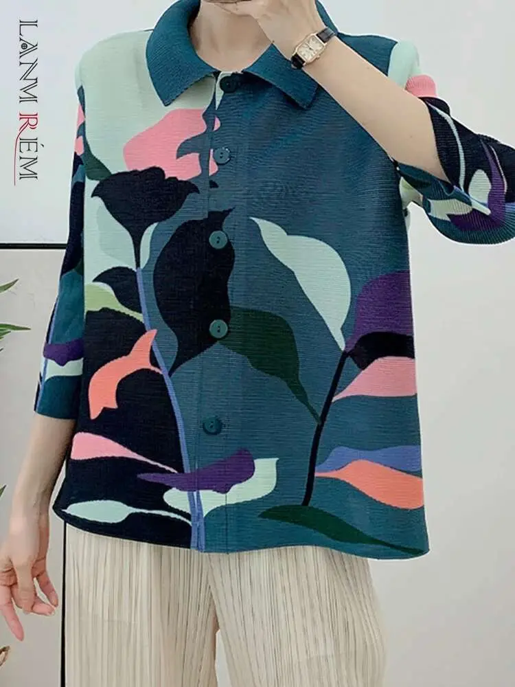 LANMREM Casual Pleated Shirt Contrast Color Print Women Lapel Long Sleeves Single Breasted Tops 2024 Spring New Clothing 2AA2707