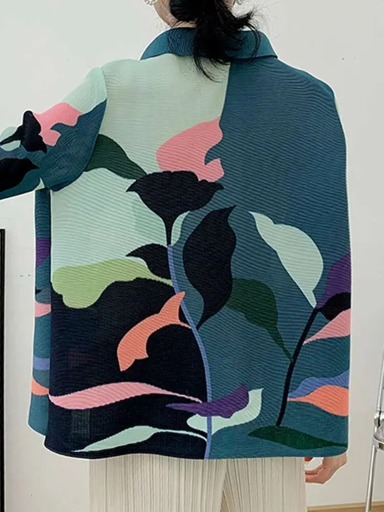 LANMREM Casual Pleated Shirt Contrast Color Print Women Lapel Long Sleeves Single Breasted Tops 2024 Spring New Clothing 2AA2707