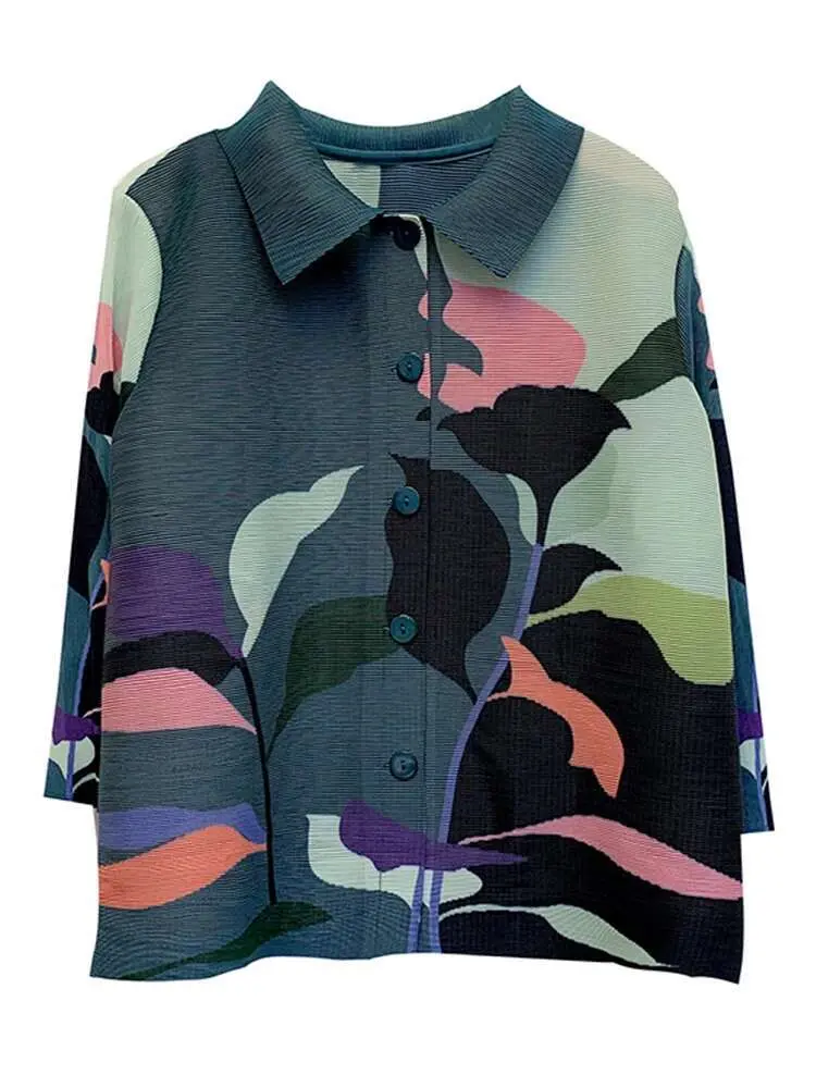 LANMREM Casual Pleated Shirt Contrast Color Print Women Lapel Long Sleeves Single Breasted Tops 2024 Spring New Clothing 2AA2707