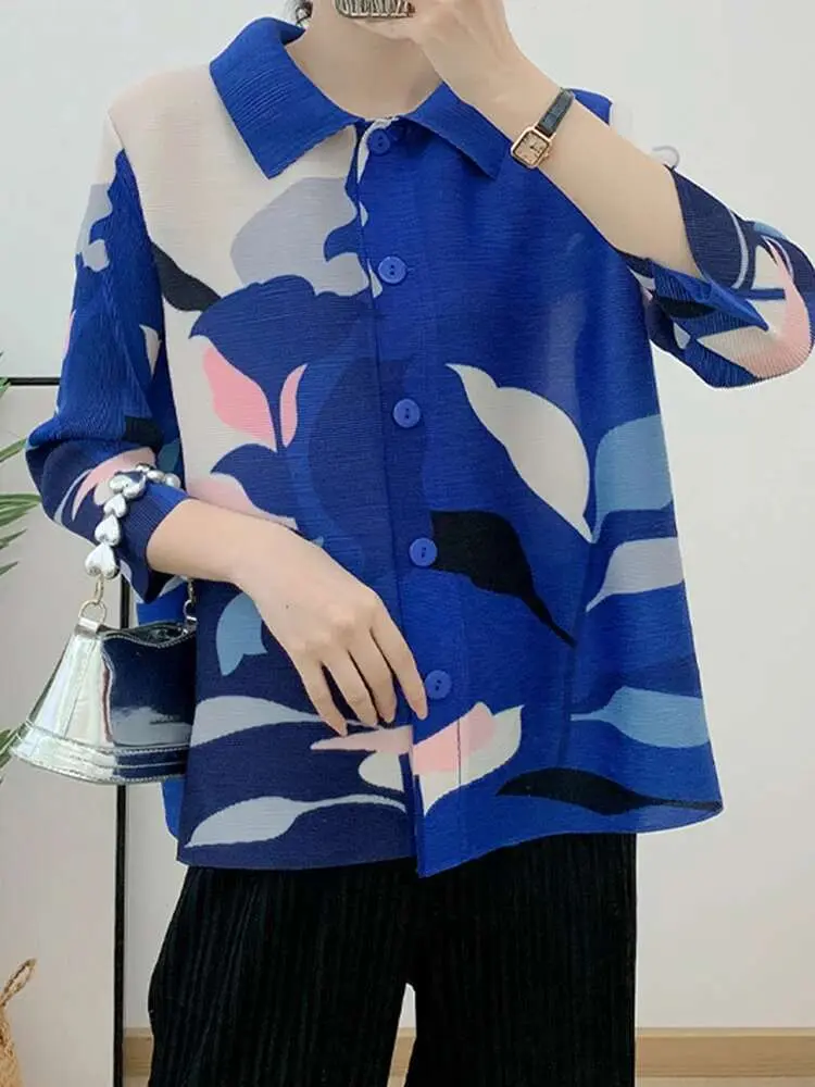 LANMREM Casual Pleated Shirt Contrast Color Print Women Lapel Long Sleeves Single Breasted Tops 2024 Spring New Clothing 2AA2707