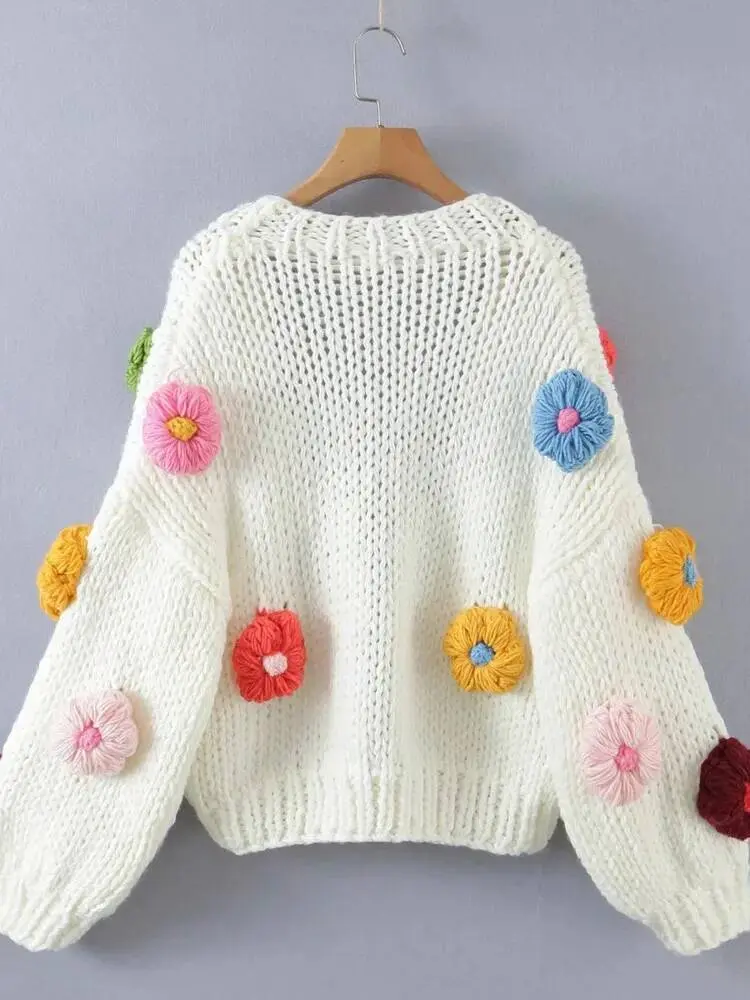 LANMREM European And American Style Handmade Flower Lantern Sleeve Knitted Cardigan Women's Loose Style Thick Sweater 2DA8301