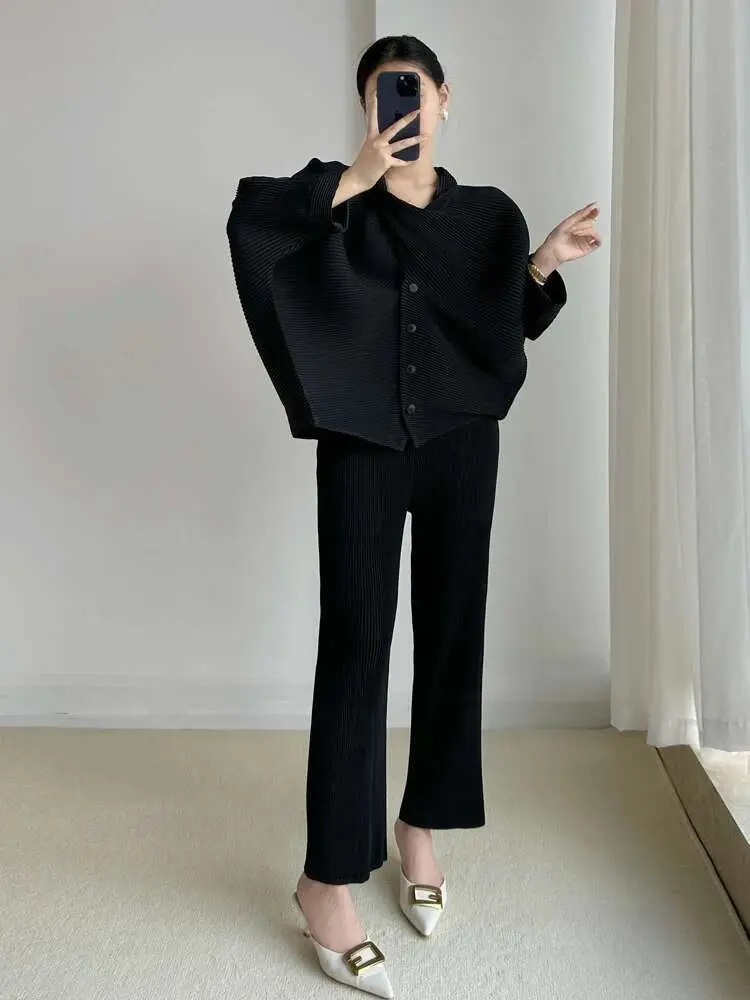 LANMREM 2 Pieces Pleated Pants Sets Women Irregular Loose Blouse With Wide Leg Trousers Female Elegant Clothing 2025 New 2DB1610
