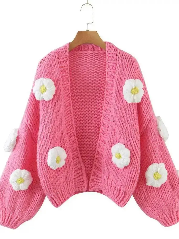 LANMREM European And American Style Handmade Flower Lantern Sleeve Knitted Cardigan Women's Loose Style Thick Sweater 2DA8301