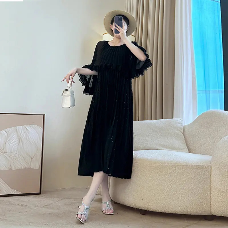 LANMREM Shawl Patchwork Design Summer Dress For Women Chic New Beach Vacation Style Elastic Loose Pleated Dresses Trendy 2DB3875