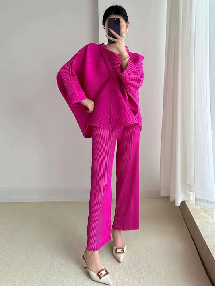 LANMREM 2 Pieces Pleated Pants Sets Women Irregular Loose Blouse With Wide Leg Trousers Female Elegant Clothing 2025 New 2DB1610