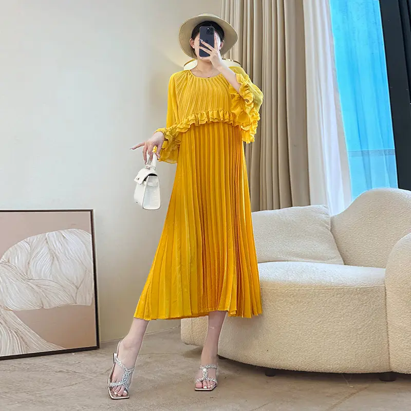 LANMREM Shawl Patchwork Design Summer Dress For Women Chic New Beach Vacation Style Elastic Loose Pleated Dresses Trendy 2DB3875