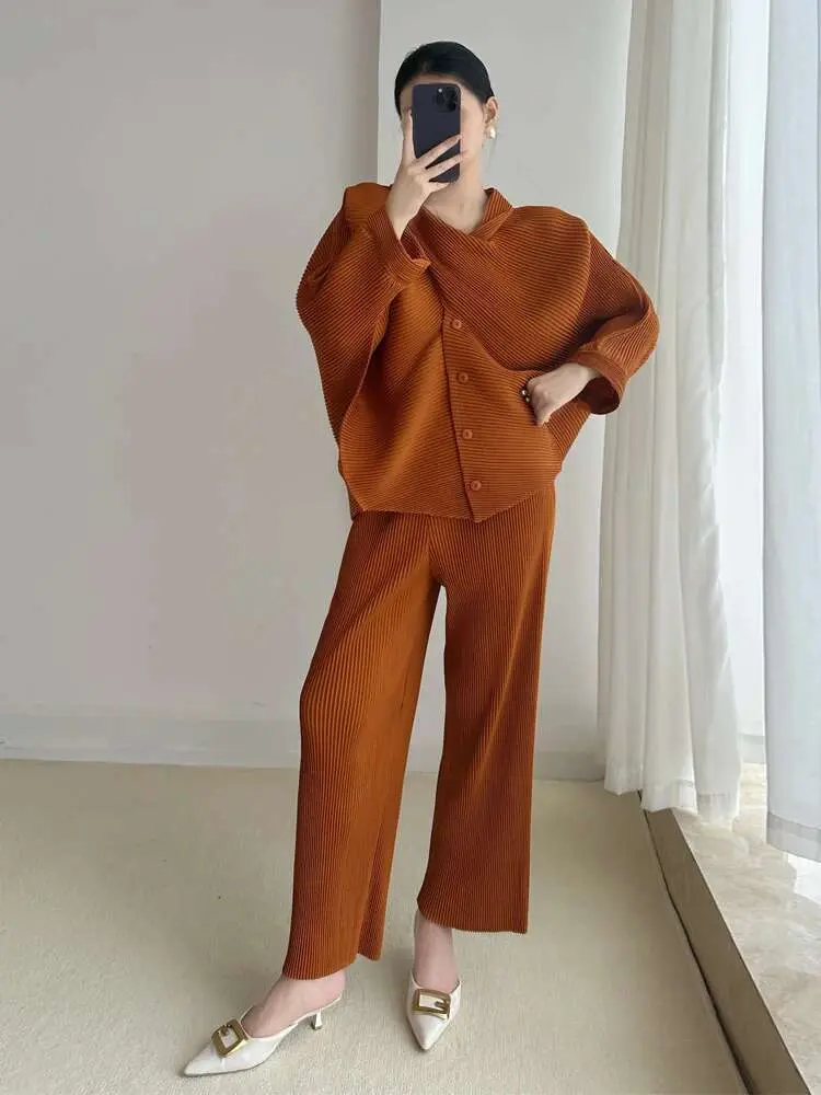 LANMREM 2 Pieces Pleated Pants Sets Women Irregular Loose Blouse With Wide Leg Trousers Female Elegant Clothing 2025 New 2DB1610