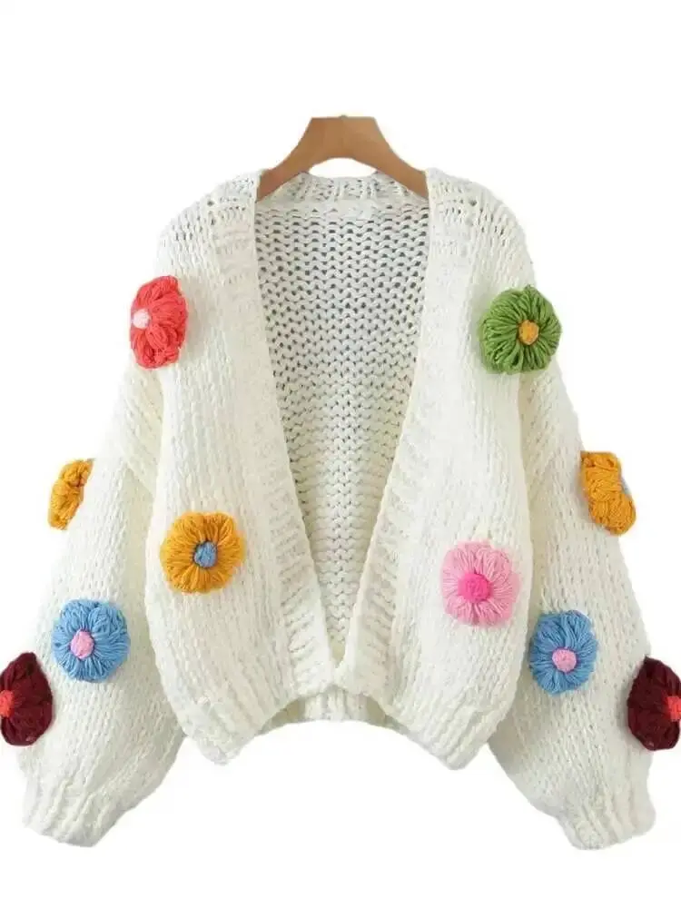 LANMREM European And American Style Handmade Flower Lantern Sleeve Knitted Cardigan Women's Loose Style Thick Sweater 2DA8301