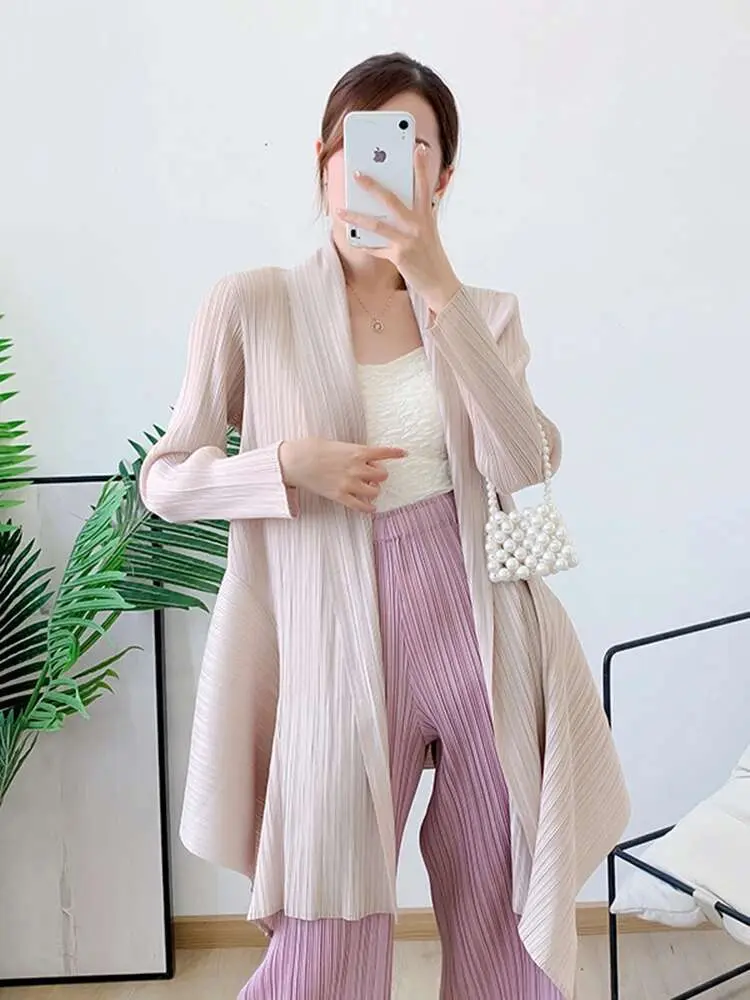 LANMREM Pleated Trench Coat Cardigan 2025 Spring Thin Windbreaker Long Sleeve Irregular Loose Mid-length Coats Elegant 2R4617