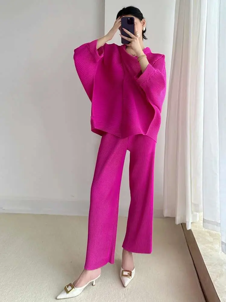 LANMREM 2 Pieces Pleated Pants Sets Women Irregular Loose Blouse With Wide Leg Trousers Female Elegant Clothing 2025 New 2DB1610
