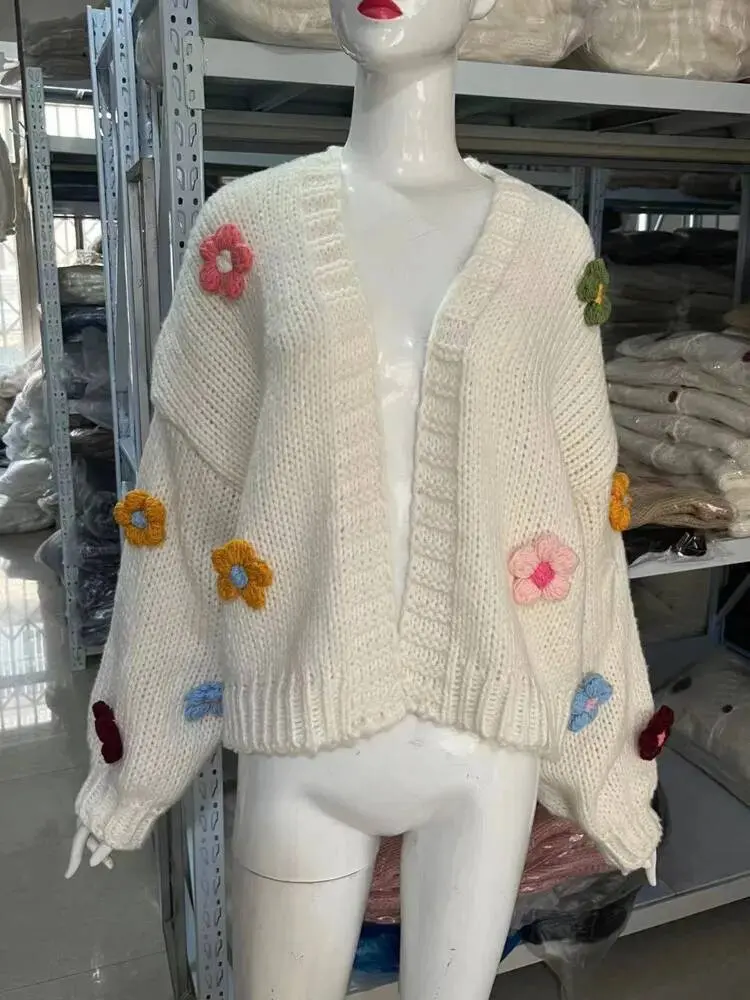 LANMREM European And American Style Handmade Flower Lantern Sleeve Knitted Cardigan Women's Loose Style Thick Sweater 2DA8301
